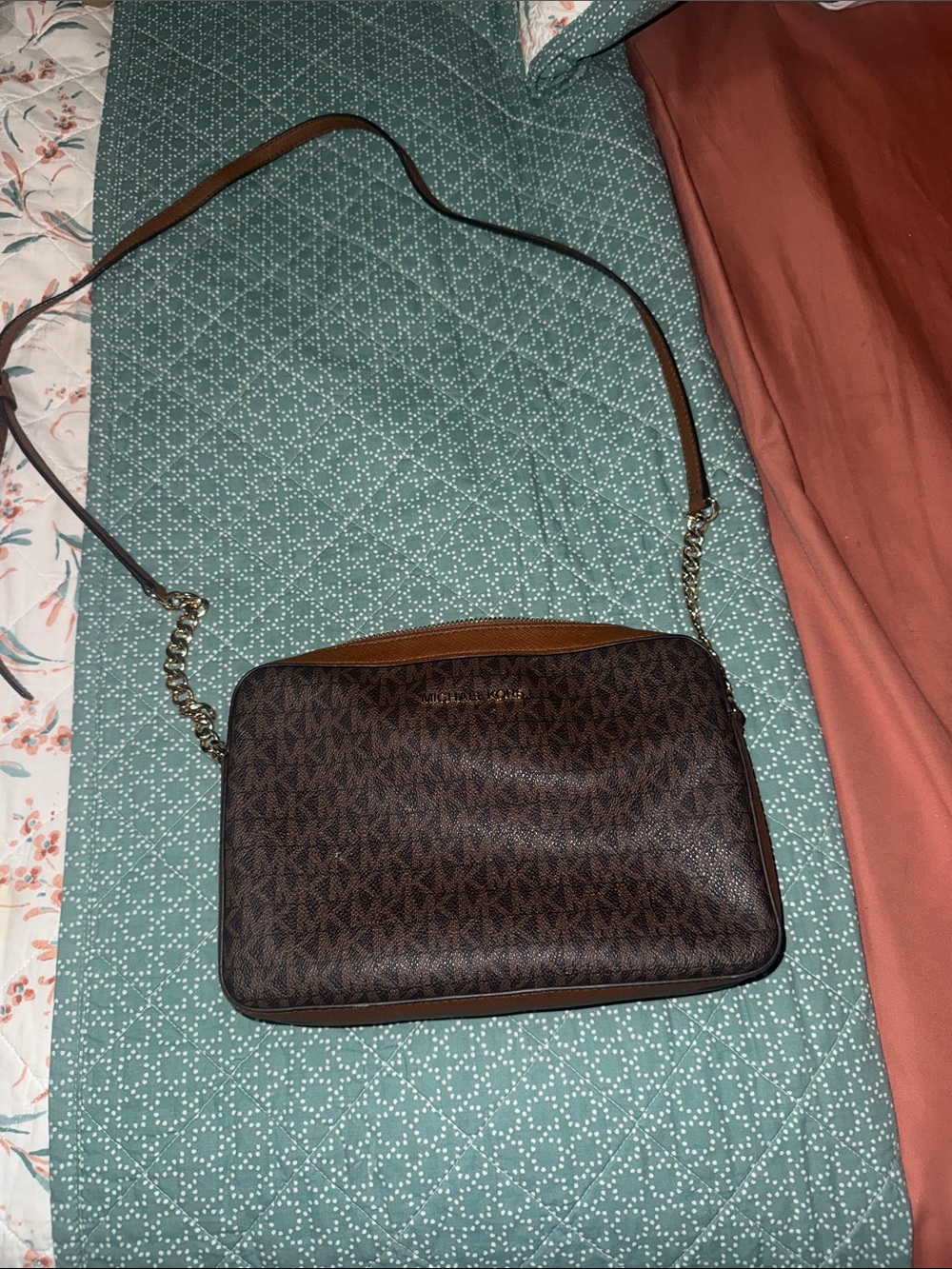 Michael Kors Brown Signature Monogram Crossbody with Gold Hardware